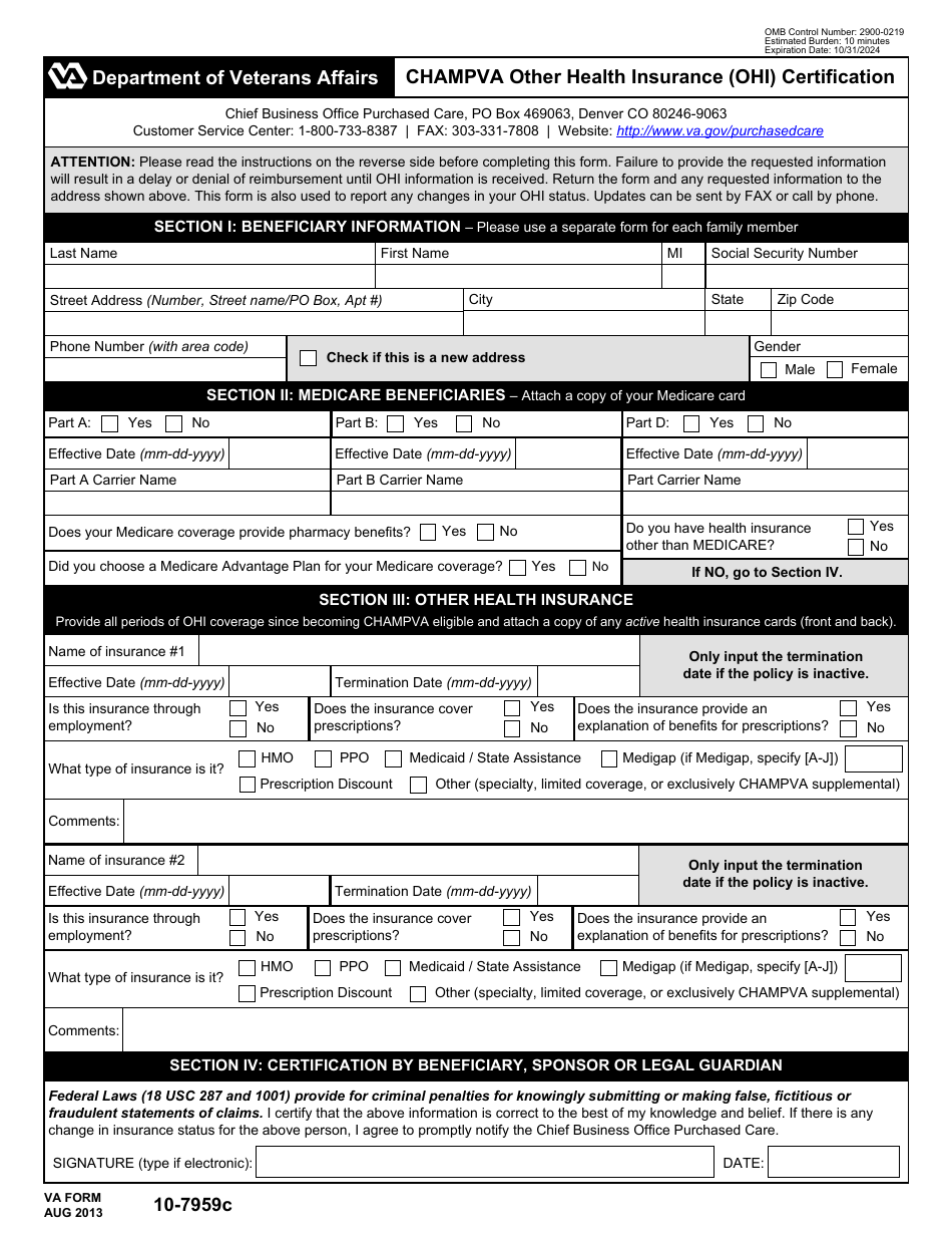 VA Form 10-7959C CHAMPVA Other Health Insurance (OHI) Certification, Page 1