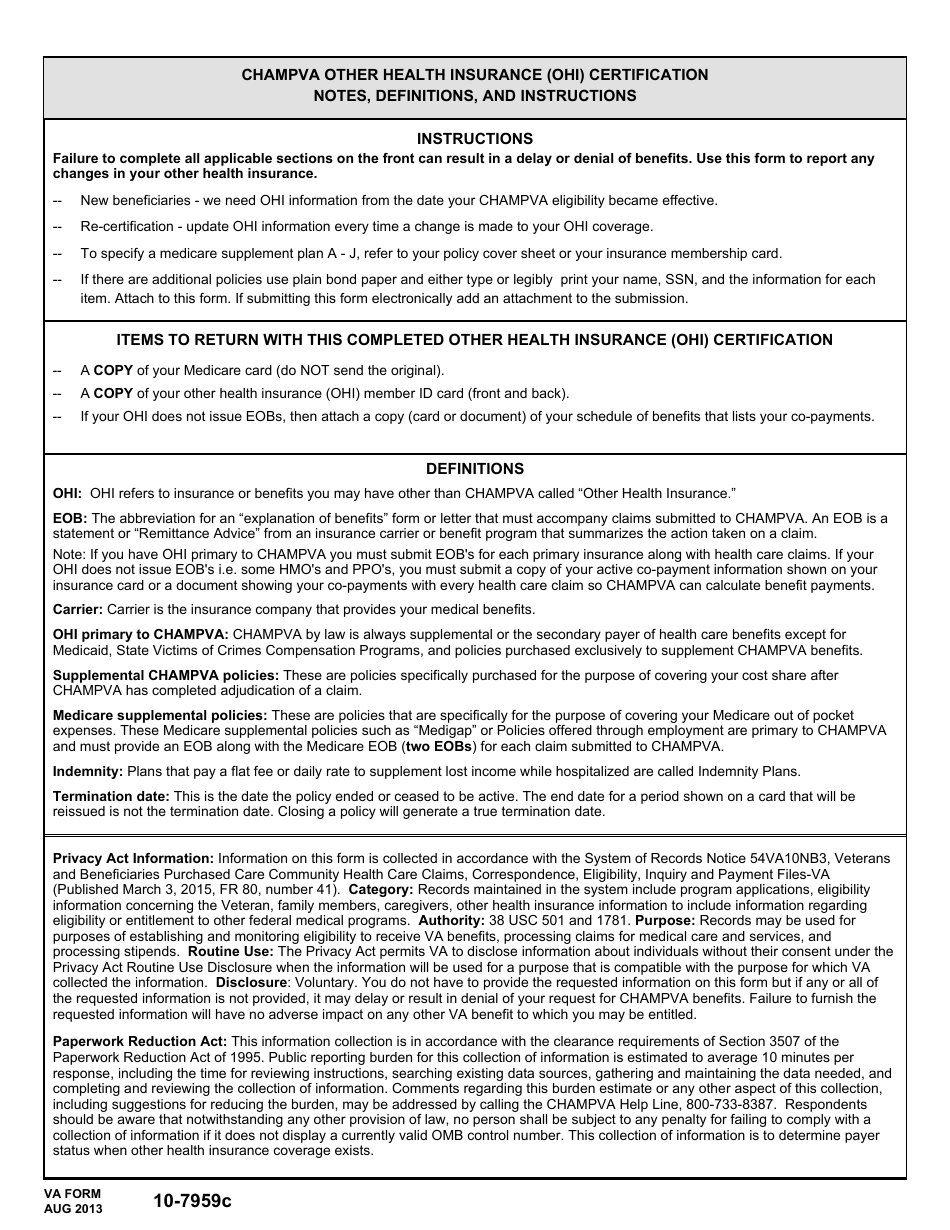 VA Form 10-7959C CHAMPVA Other Health Insurance (OHI) Certification, Page 2