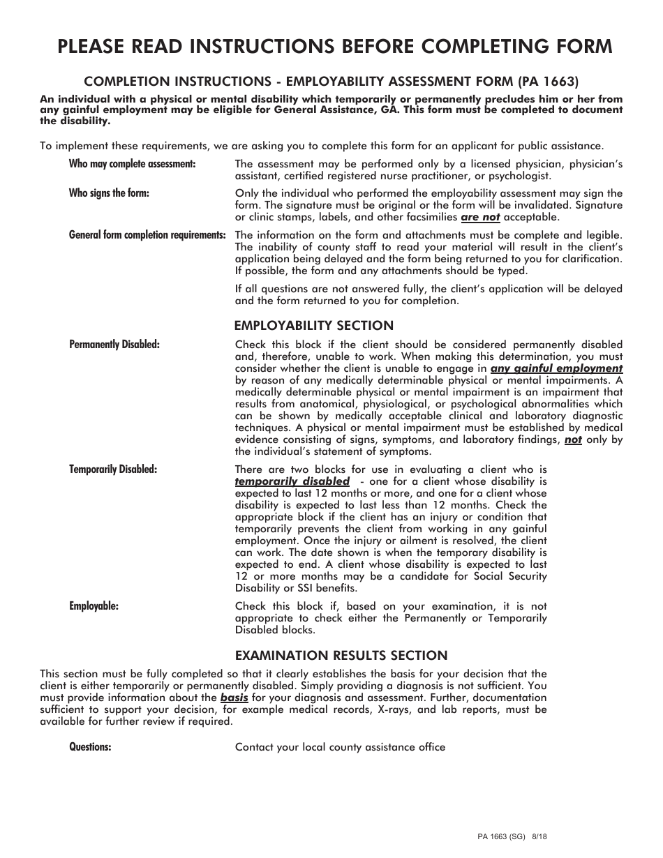 Form PA1663 Employability Assessment Form - Pennsylvania, Page 1