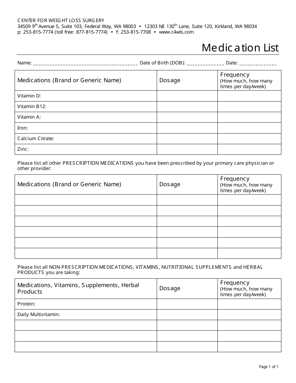 Document - Medication List for Center for Weight Loss Surgery