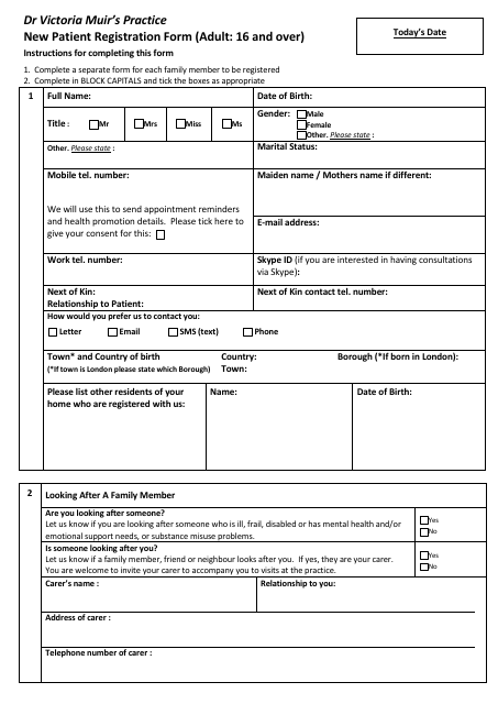 New Patient Registration Form (Adult: 16 and Over) - Dr Victoria Muir's Practice