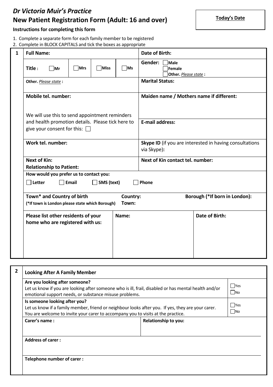 New Patient Registration Form (Adult: 16 and Over) - Dr Victoria Muirs Practice, Page 1
