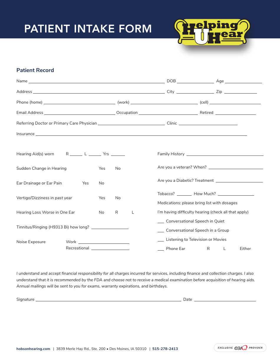 Hearing Patient Intake Form - Helping U Hear, Page 1