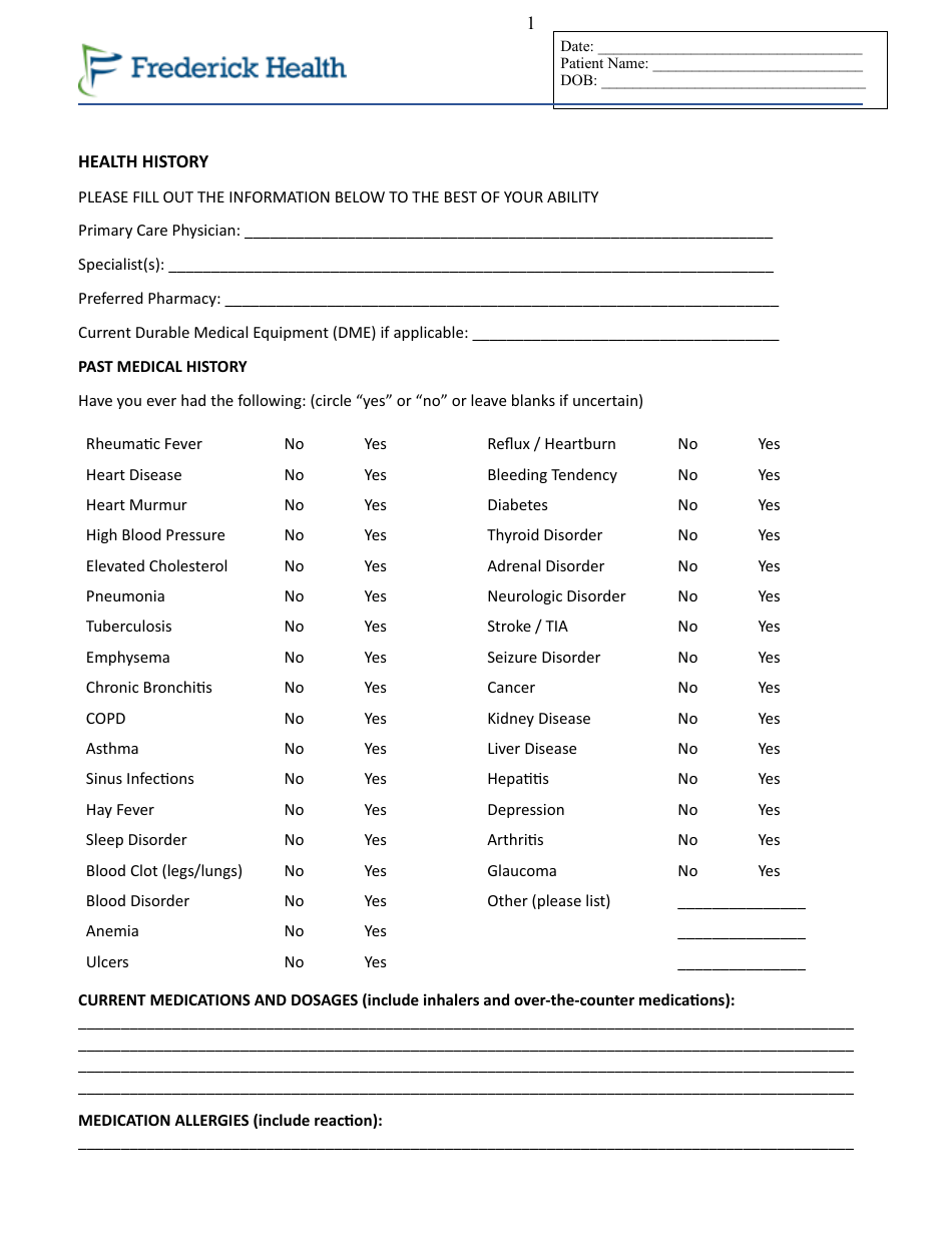 Health History Form - Frederick Health - Fill Out, Sign Online and ...