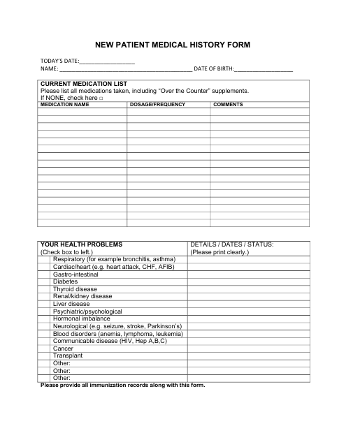 New Patient Medical History Form Download Pdf