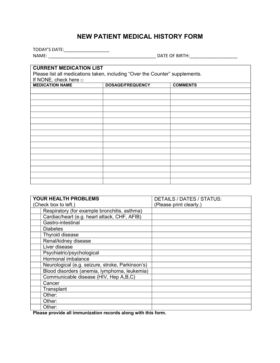 New Patient Medical History Form, Page 1