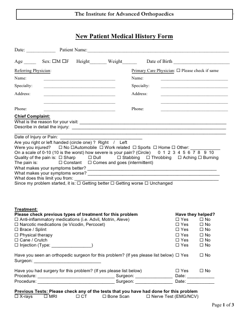 New Orthopedic Patient Medical History Form - the Institute for Advanced Orthopaedics Download Pdf