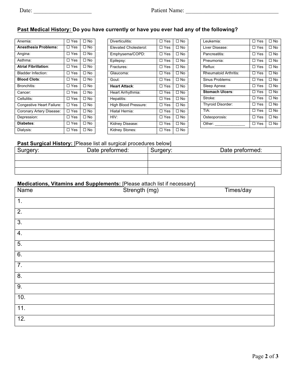 New Orthopedic Patient Medical History Form - the Institute for Advanced Orthopaedics, Page 2