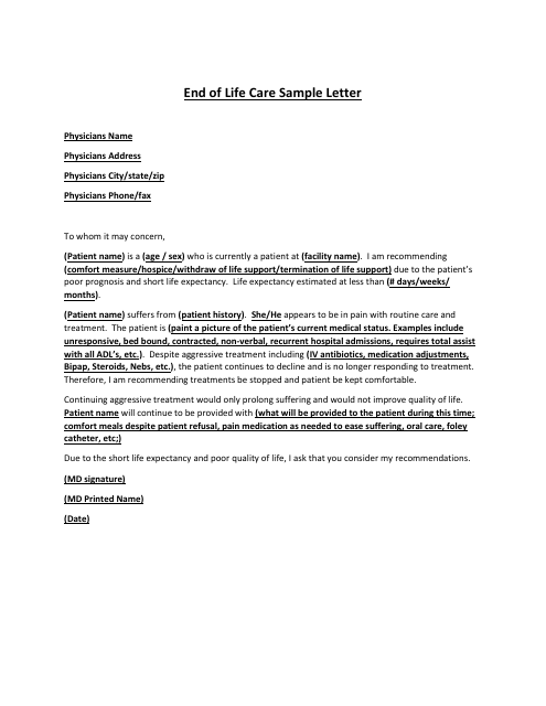 End of Life Care Sample Letter