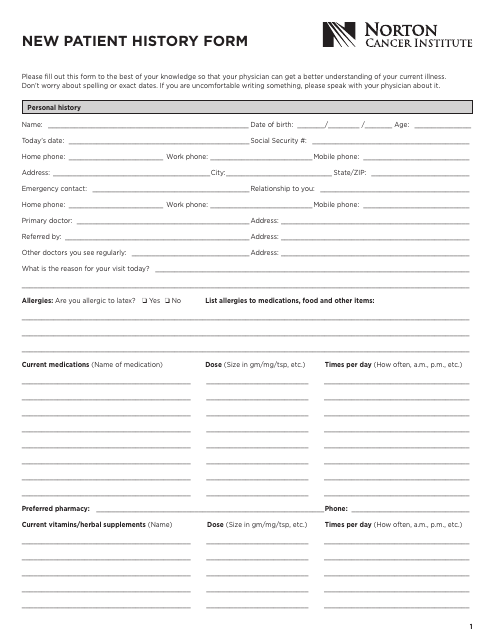 New Patient History Form - Norton Cancer Institute