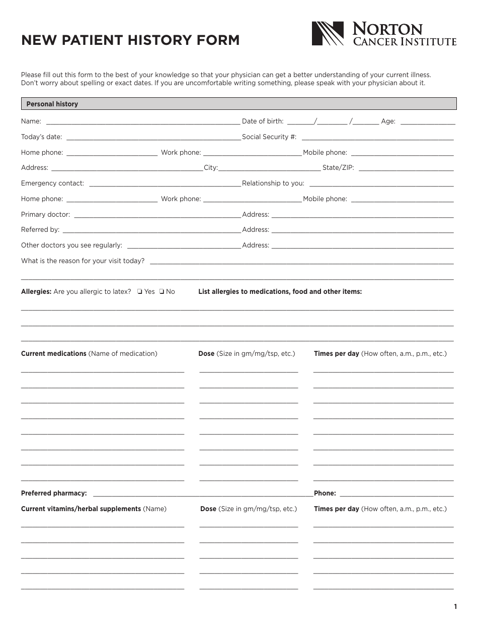 New Patient History Form - Norton Cancer Institute, Page 1