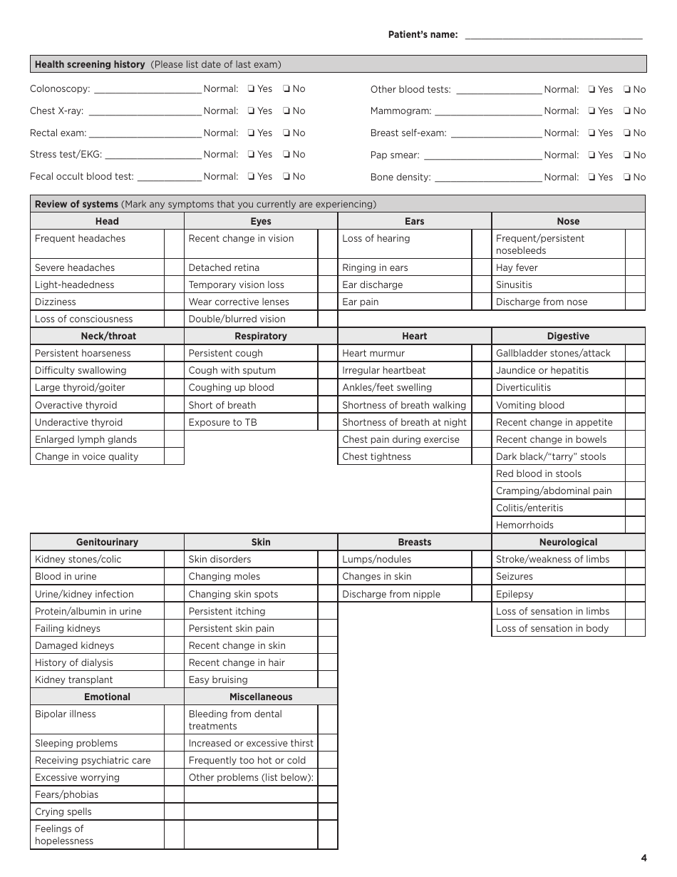 New Patient History Form - Norton Cancer Institute, Page 4