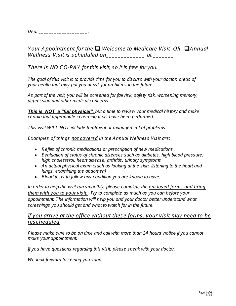 Medicare Wellness Visit Patient Questionnaire Download Printable PDF