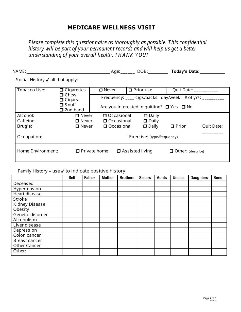 Medicare Wellness Visit Patient Questionnaire, Page 2