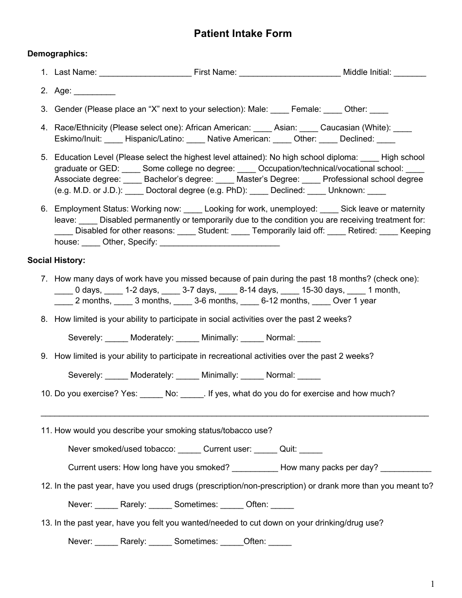 Patient Intake Form - Thirty Points, Page 1
