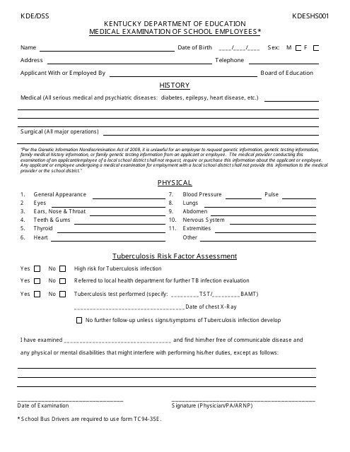 Form KDESHS001 Medical Examination of School Employees - Kentucky