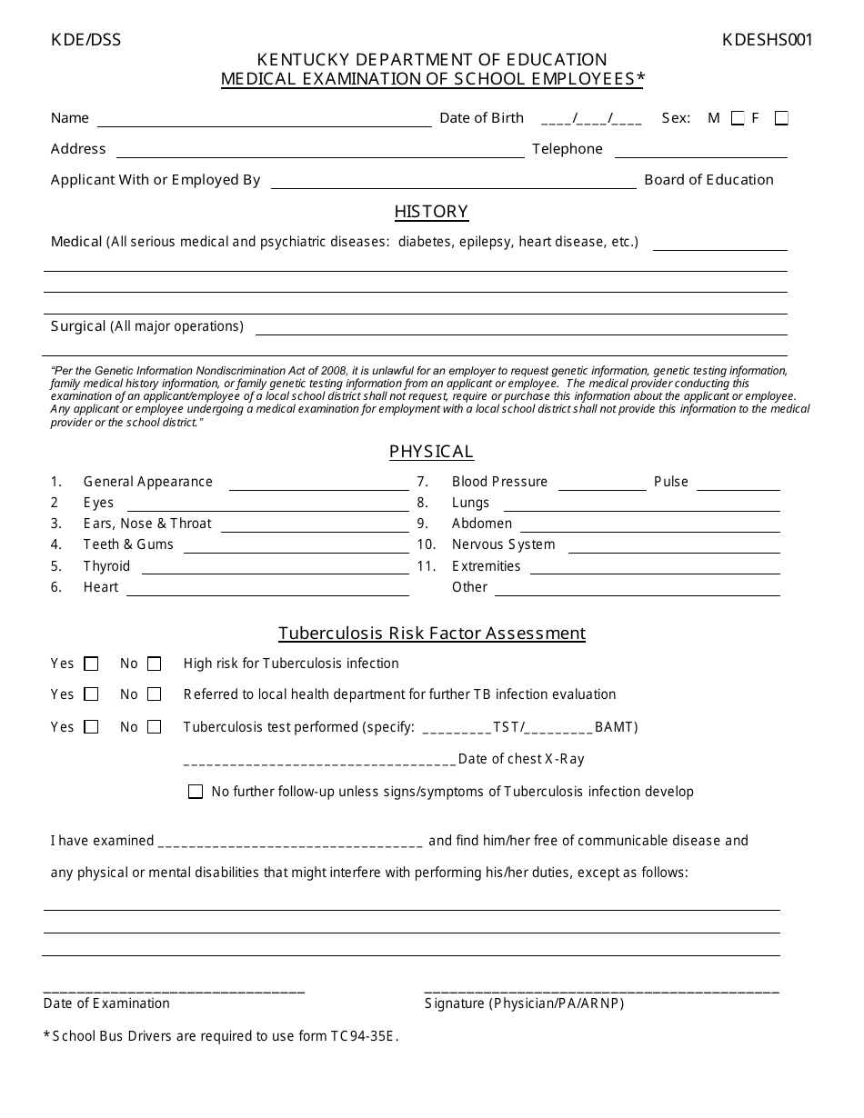 Form KDESHS001 Medical Examination of School Employees - Kentucky, Page 1