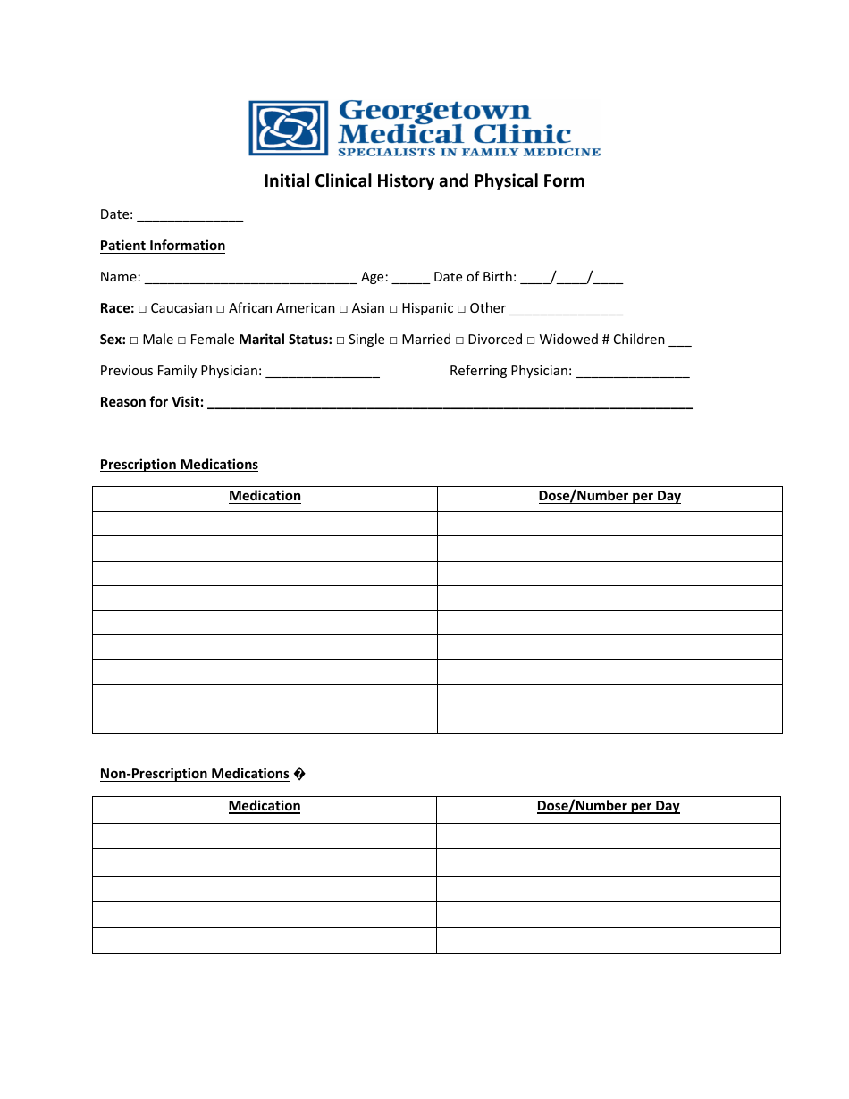 Initial Clinical History and Physical Form - Georgetown Medical Clinic, Page 1