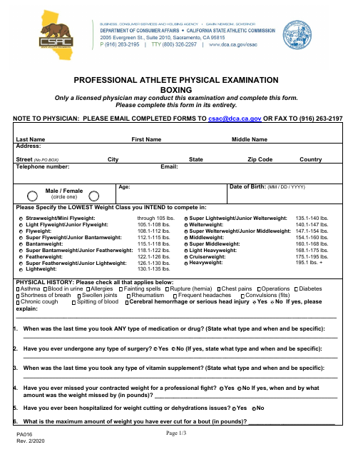 Form PA016 Professional Athlete Physical Examination - Boxing - California