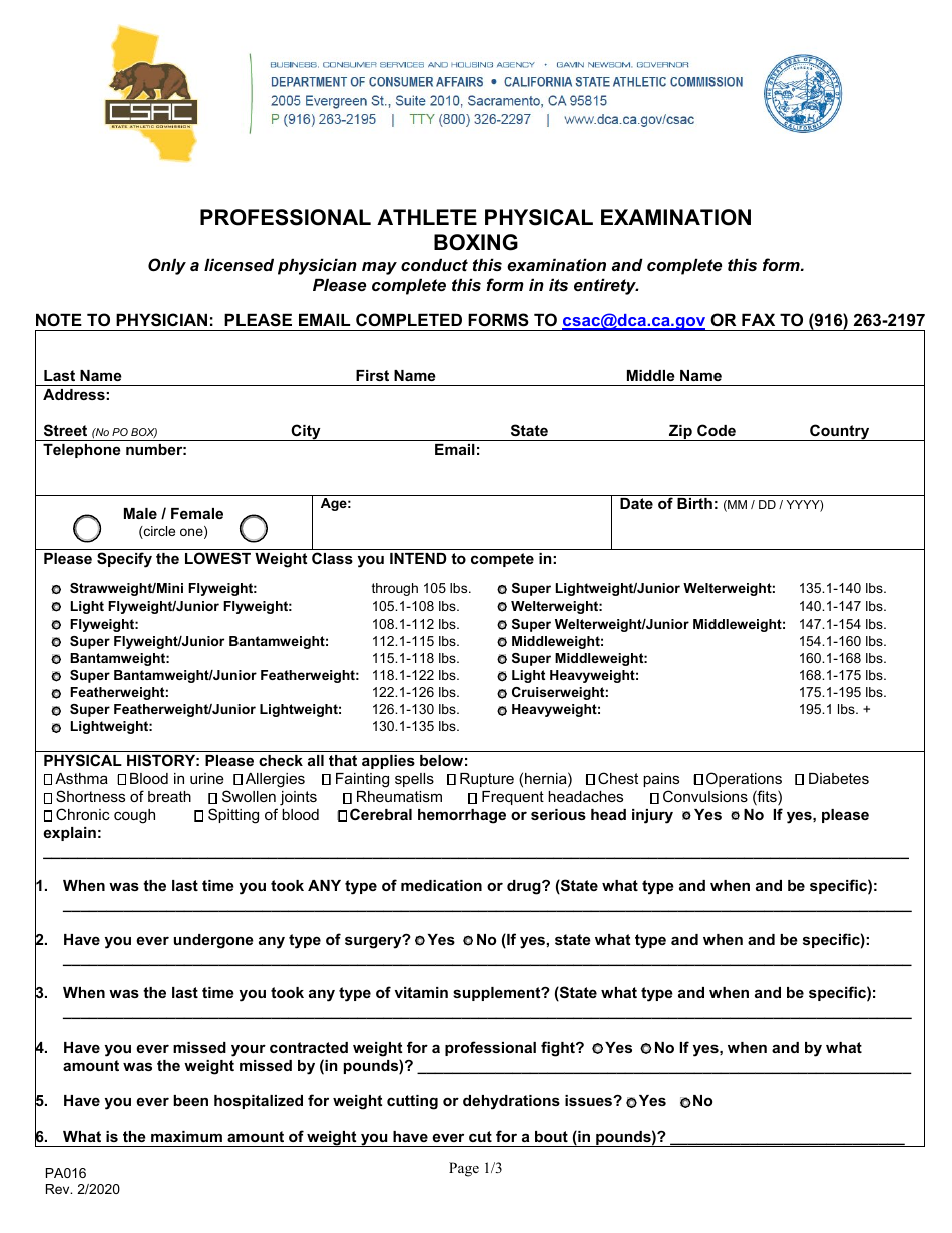 Form PA016 Professional Athlete Physical Examination - Boxing - California, Page 1