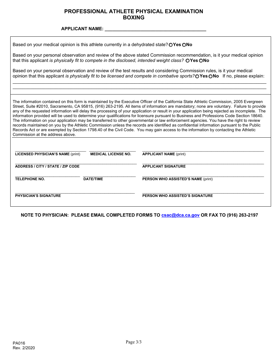 Form PA016 Professional Athlete Physical Examination - Boxing - California, Page 3