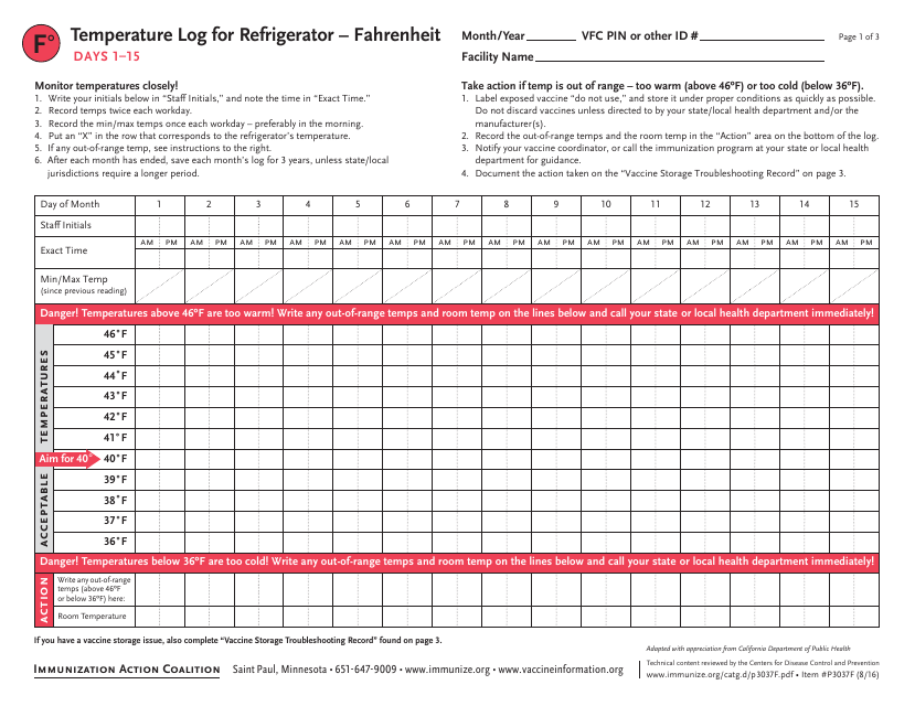 Temperature Log for Refrigerator - Fahrenheit Document Preview