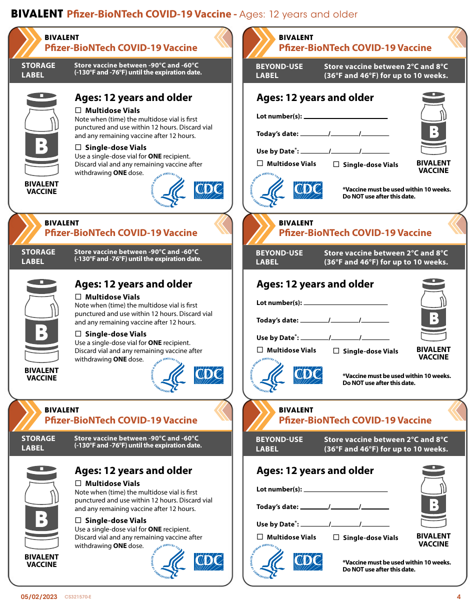 Form CS321570-E Pfizer-Biontech Covid-19 Vaccine Storage and Beyond-Use Date Tracking Labels, Page 4