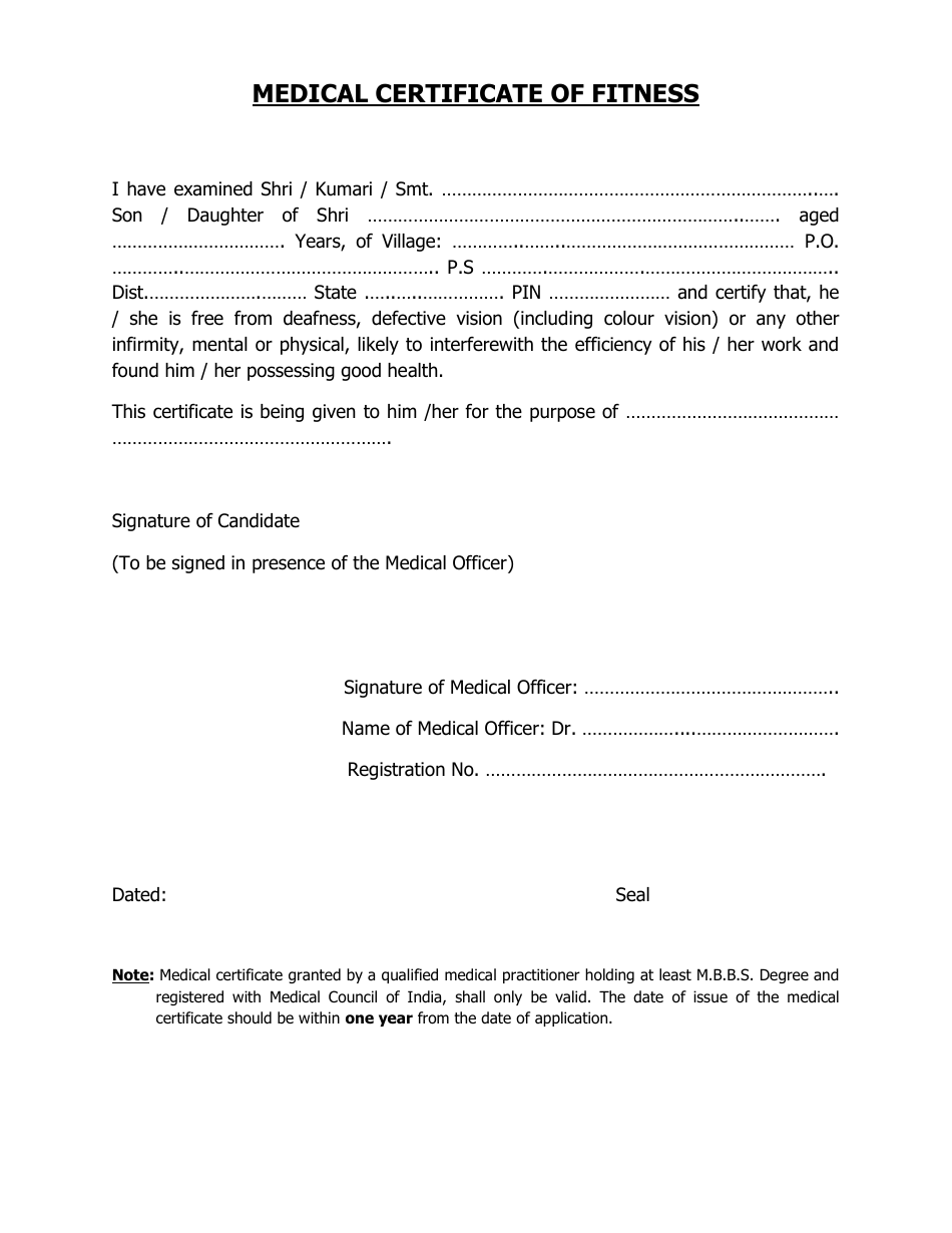 India Medical Certificate of Fitness - Fill Out, Sign Online and ...