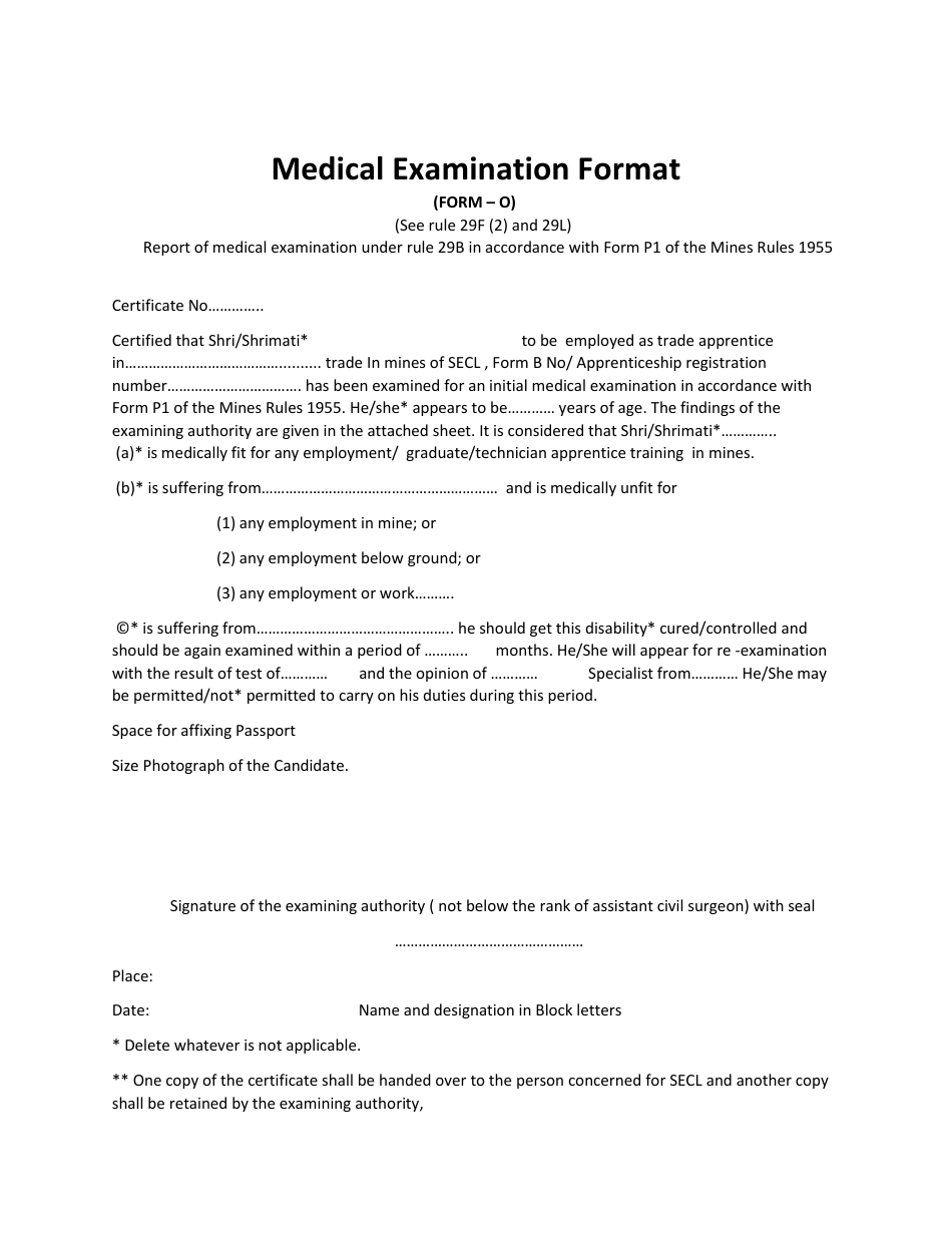 Form O Medical Examination Format - India, Page 1