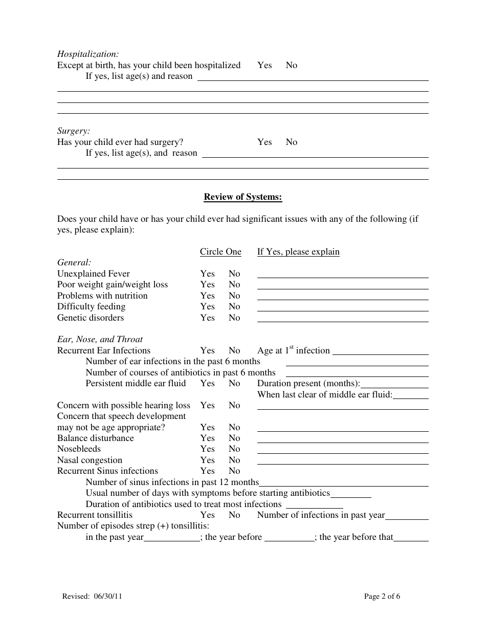 Pediatric Medical History Questionnaire - Northshore Download Printable ...