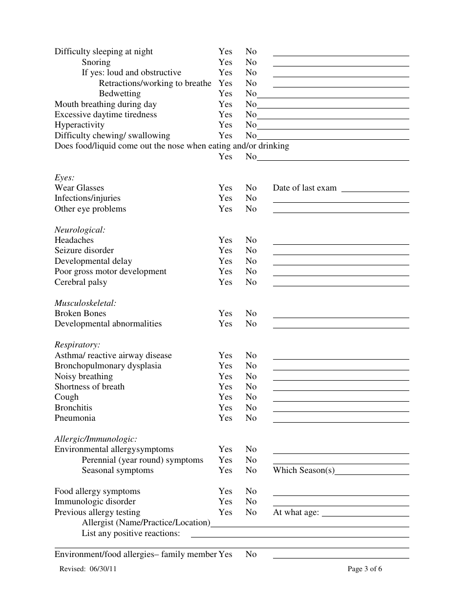 Pediatric Medical History Questionnaire - Northshore, Page 3