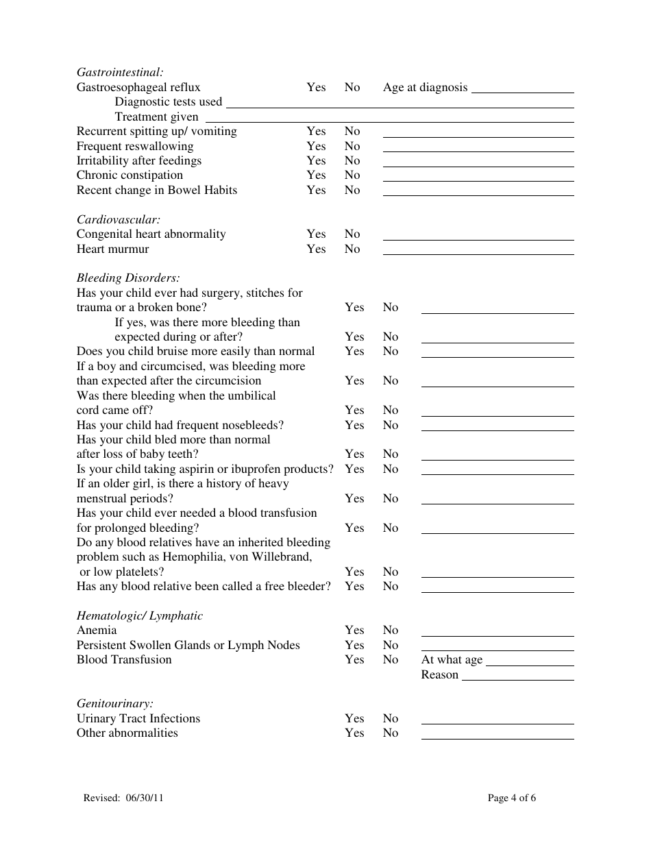 Pediatric Medical History Questionnaire - Northshore, Page 4