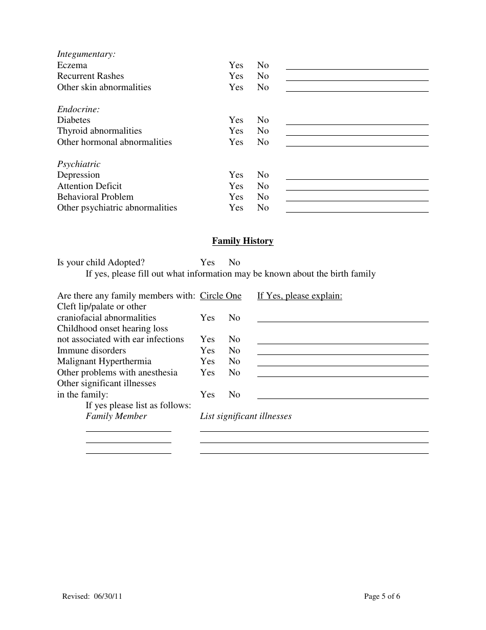 Pediatric Medical History Questionnaire - Northshore, Page 5