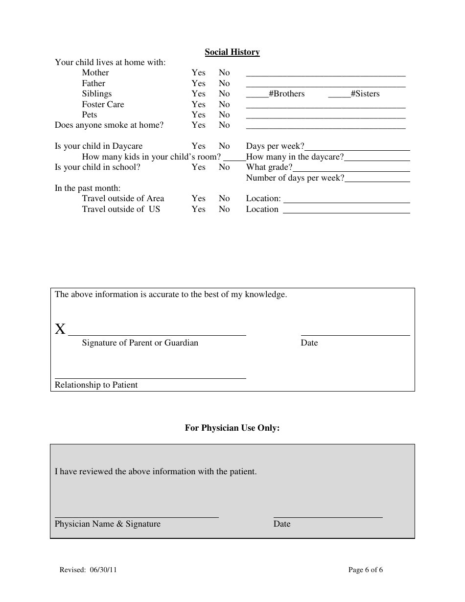 Pediatric Medical History Questionnaire - Northshore, Page 6