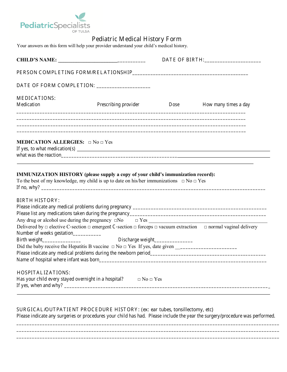 Pediatric Medical History Form - Pediatric Specialists of Tulsa, Page 1