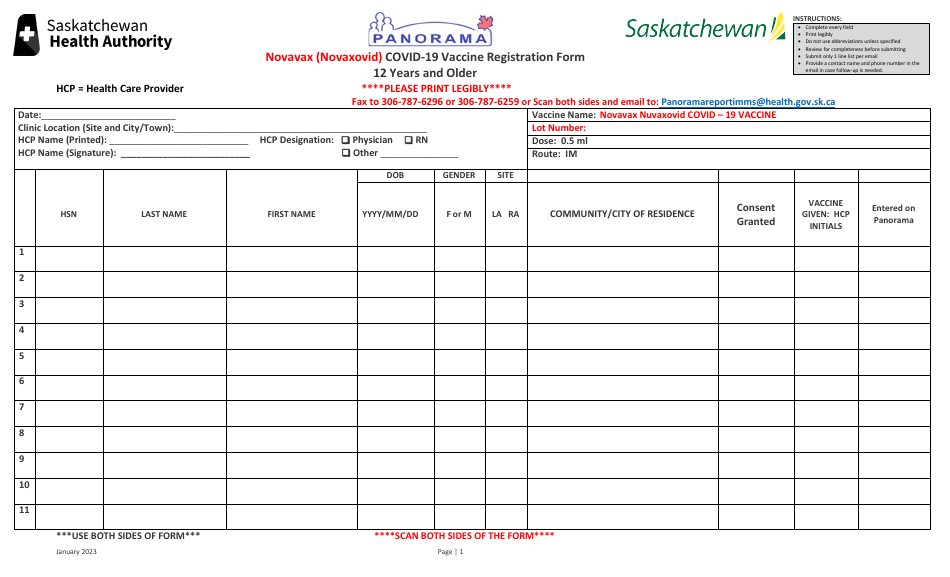 Novavax (Novaxovid) Covid-19 Vaccine Registration Form - 12 Years and Older - Saskatchewan, Canada, Page 1