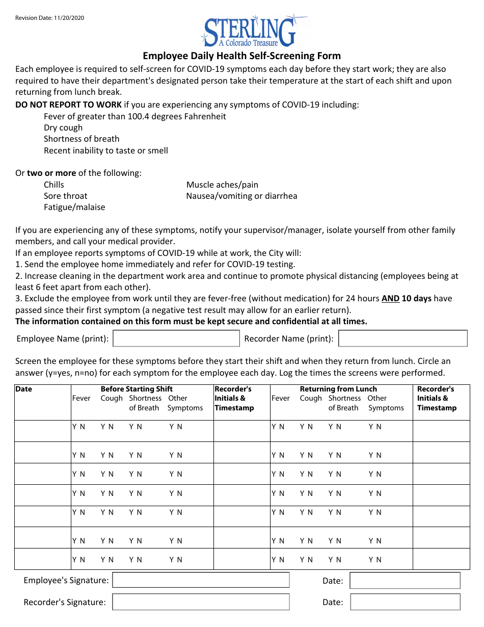 Employee Daily Health Self-screening Form - City of Sterling, Colorado, Page 1
