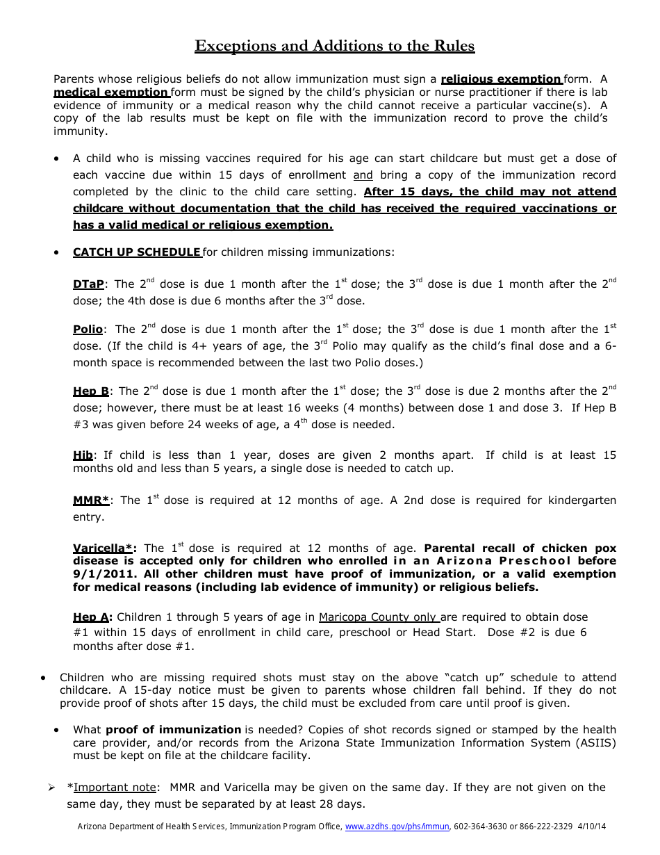 Arizona State Immunization Requirements: Birth to 5 Years of Age - Childcare and Preschool - Arizona, Page 2