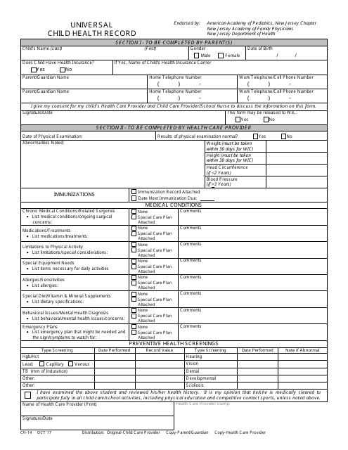 Form CH-14 Universal Child Health Record - New Jersey