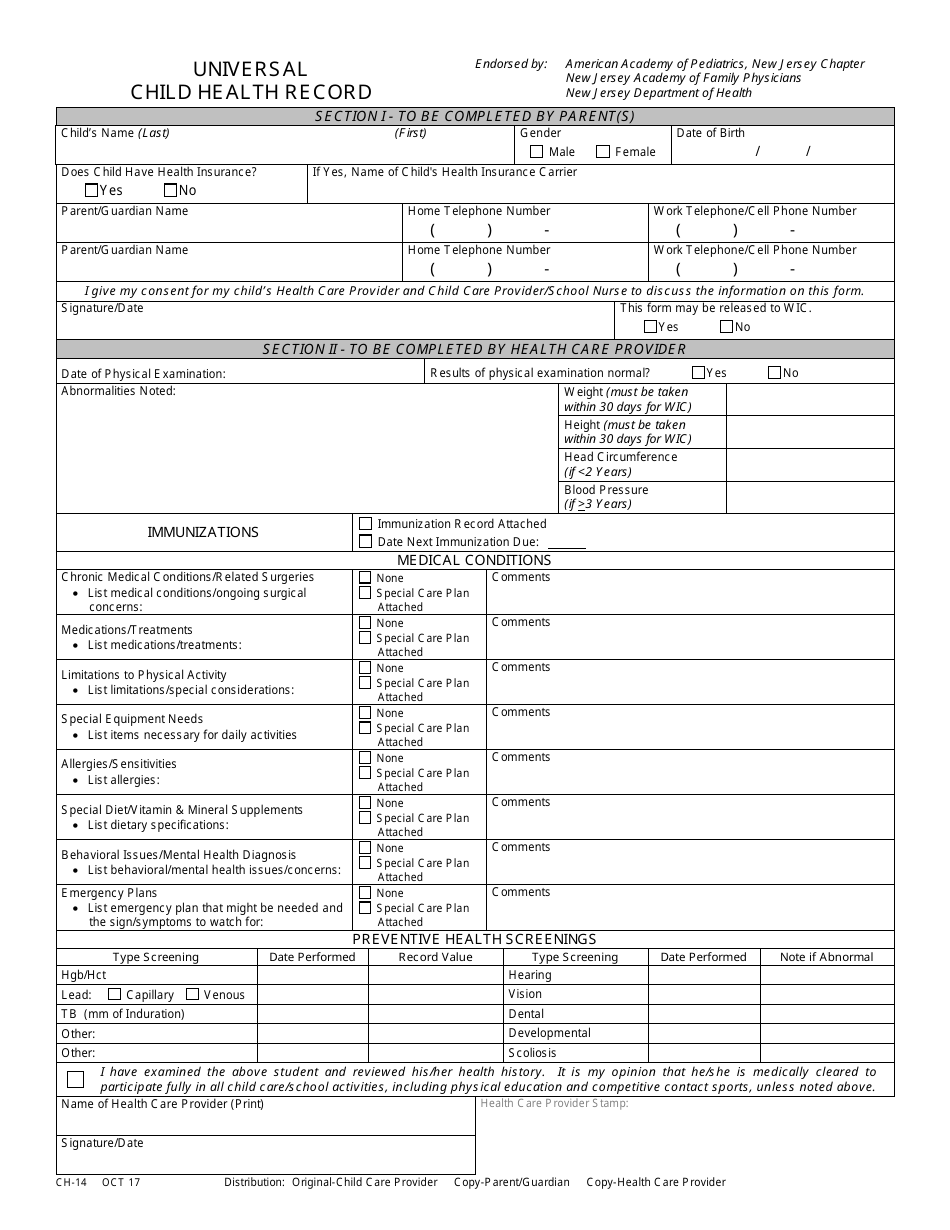 Form CH-14 Universal Child Health Record - New Jersey, Page 1