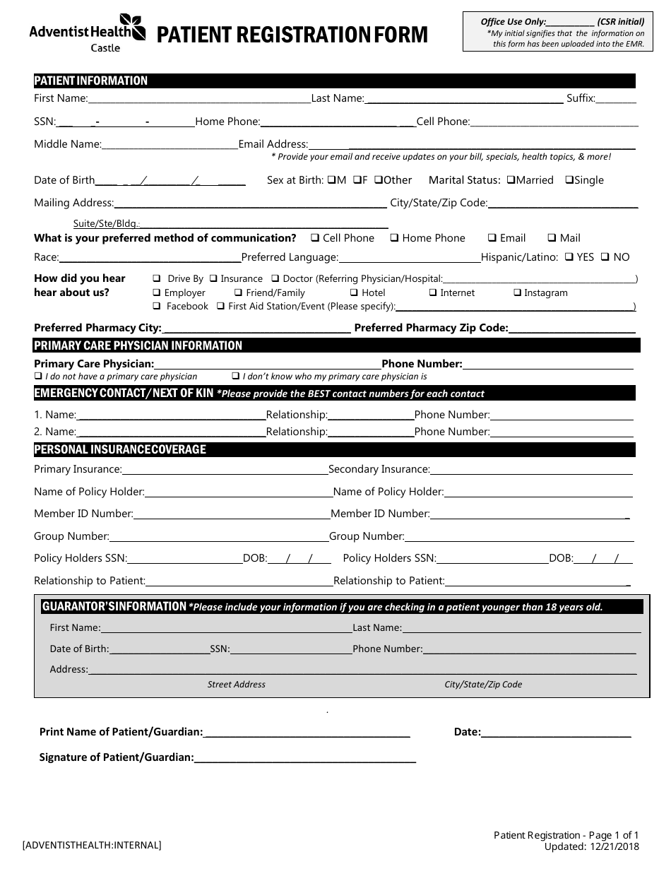 Patient Registration Form - Adventist Health, Page 1