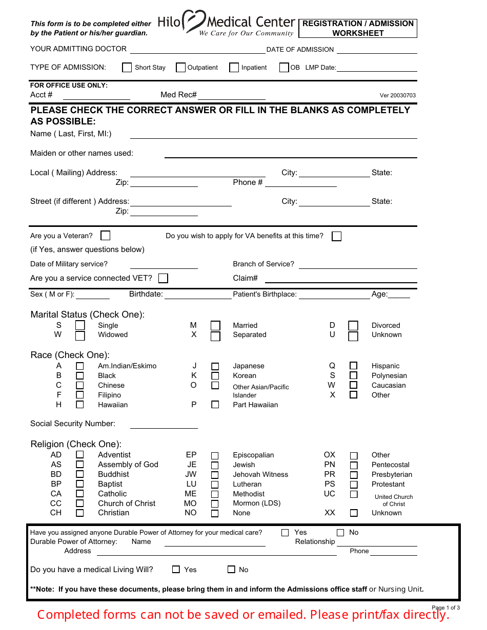 Registration/Admission Worksheet - Hilo Medical Center Image Preview