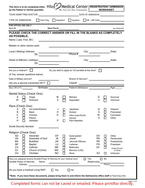 Registration/Admission Worksheet - Hilo Medical Center