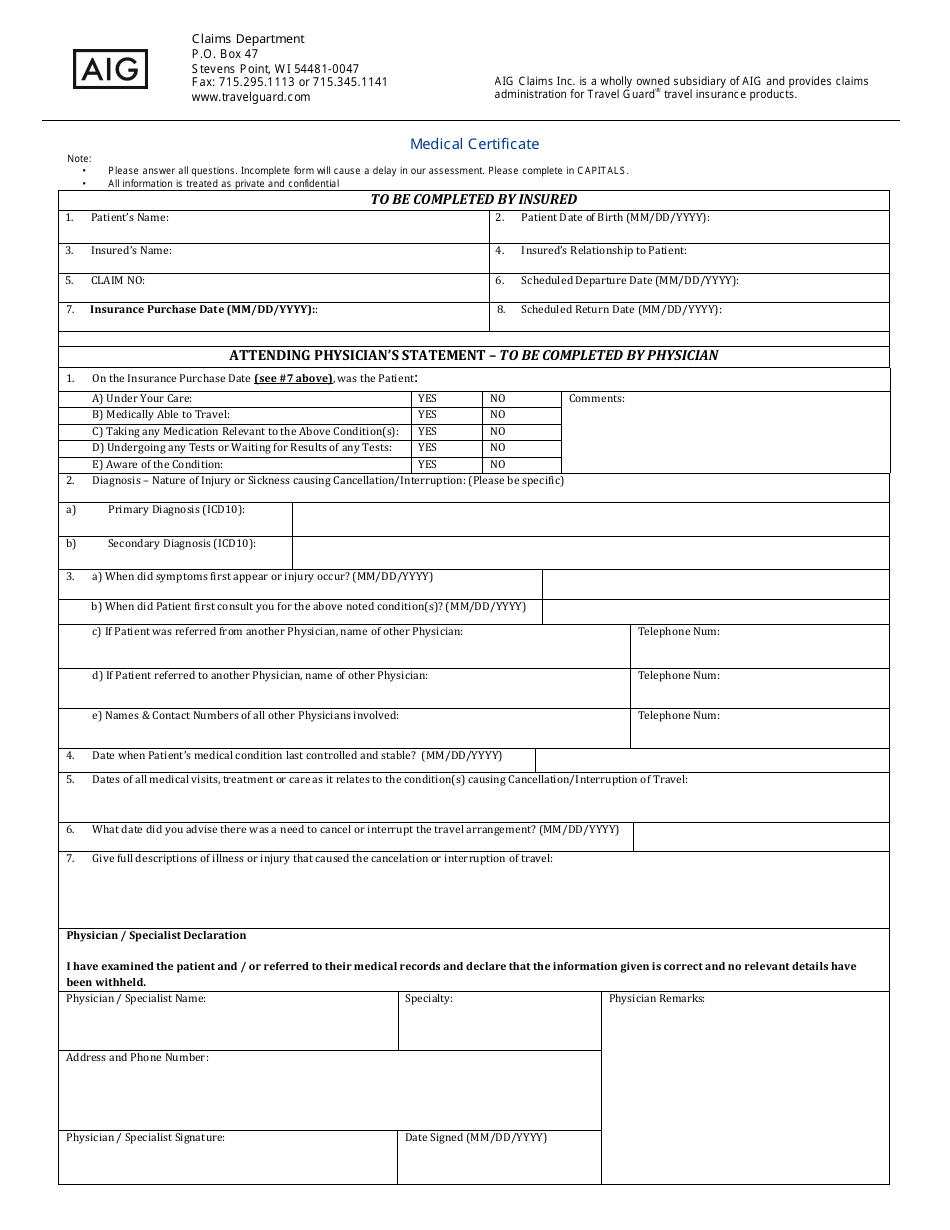 Medical Certificate Aig Claims Download Printable PDF Templateroller