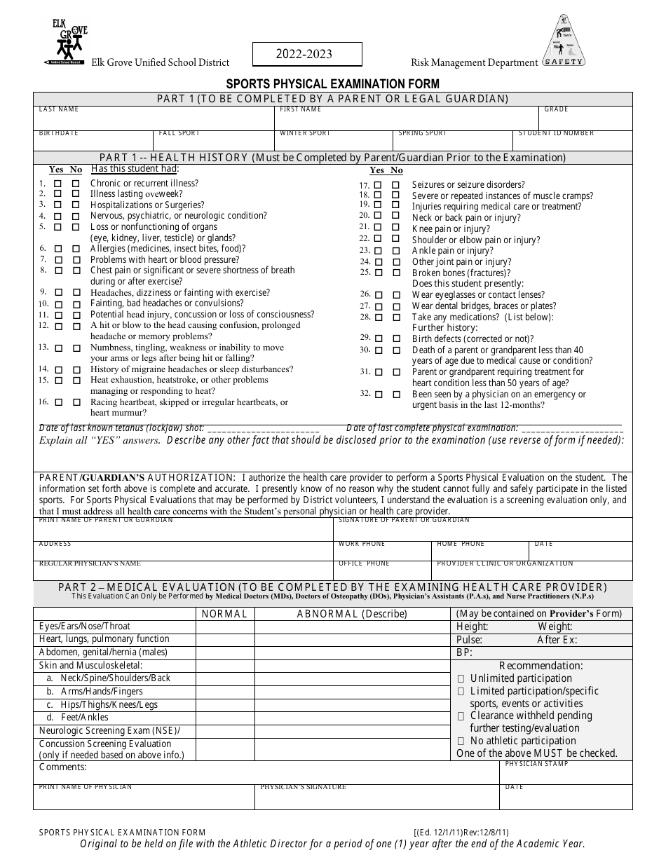 Sports Physical Examination Form - Elk Grove Unified School District, Page 1