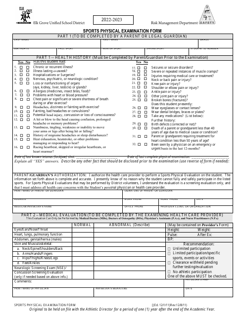 Sports Physical Examination Form - Elk Grove Unified School District Download Pdf
