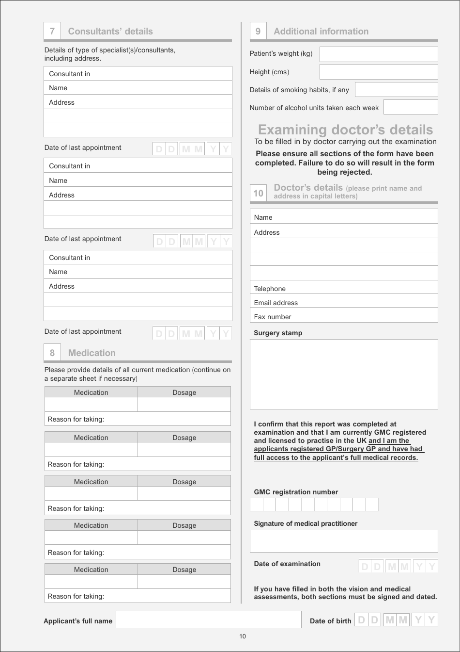 Application for a Licence to Drive Hackney Carriages or Private Hire Vehicles - Medical Examination Form - City of Leicester, Leicestershire, United Kingdom, Page 10