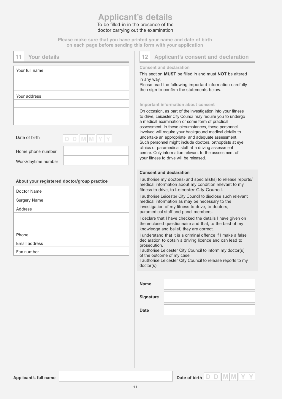 Application for a Licence to Drive Hackney Carriages or Private Hire Vehicles - Medical Examination Form - City of Leicester, Leicestershire, United Kingdom, Page 11
