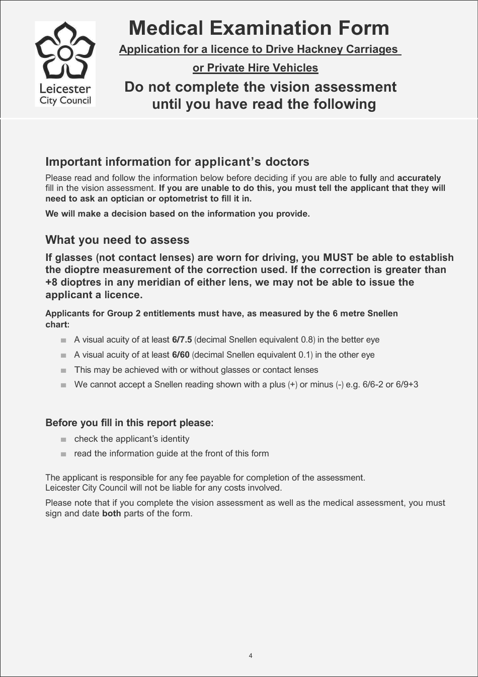 Application for a Licence to Drive Hackney Carriages or Private Hire Vehicles - Medical Examination Form - City of Leicester, Leicestershire, United Kingdom, Page 4