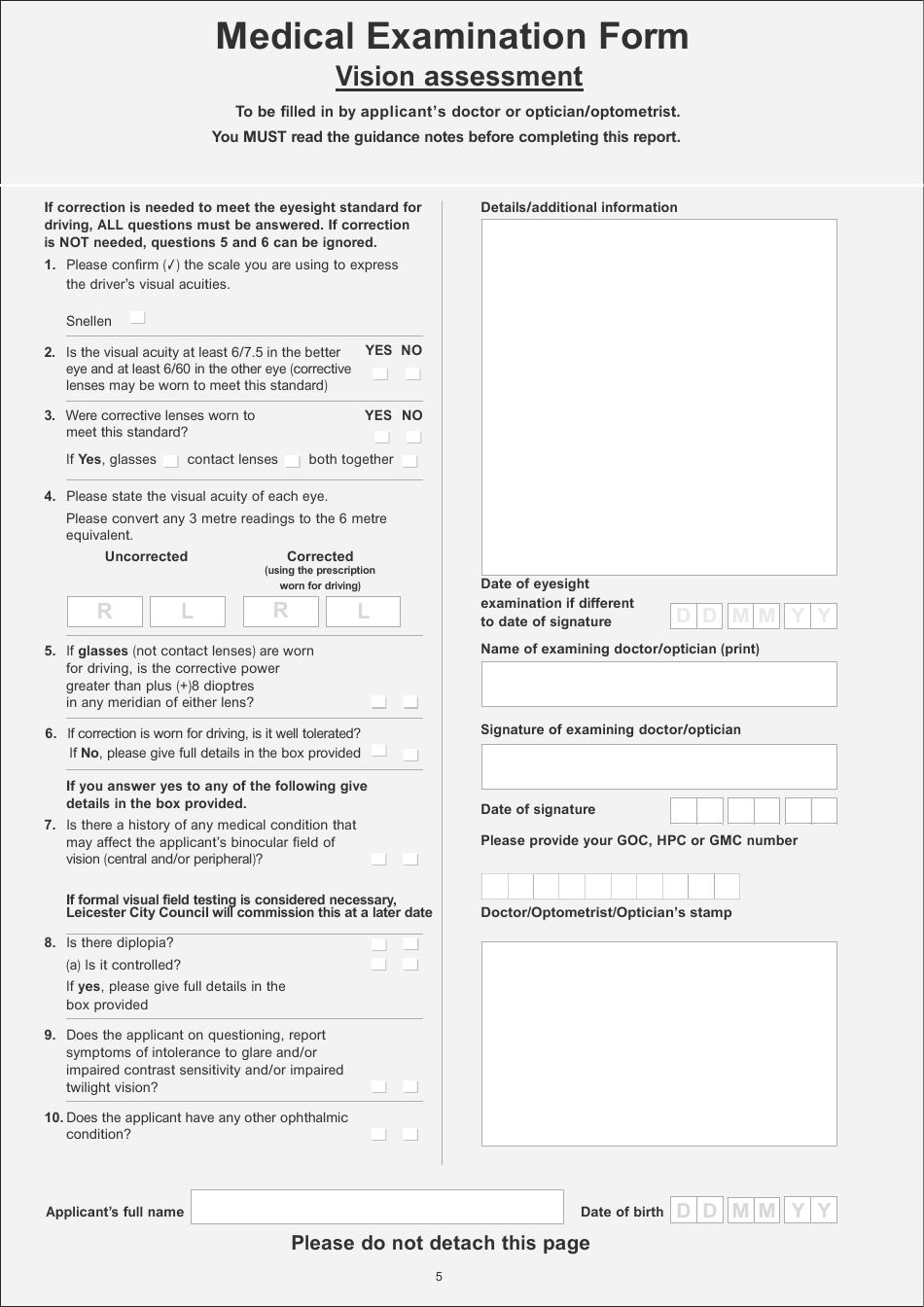 Application for a Licence to Drive Hackney Carriages or Private Hire Vehicles - Medical Examination Form - City of Leicester, Leicestershire, United Kingdom, Page 5